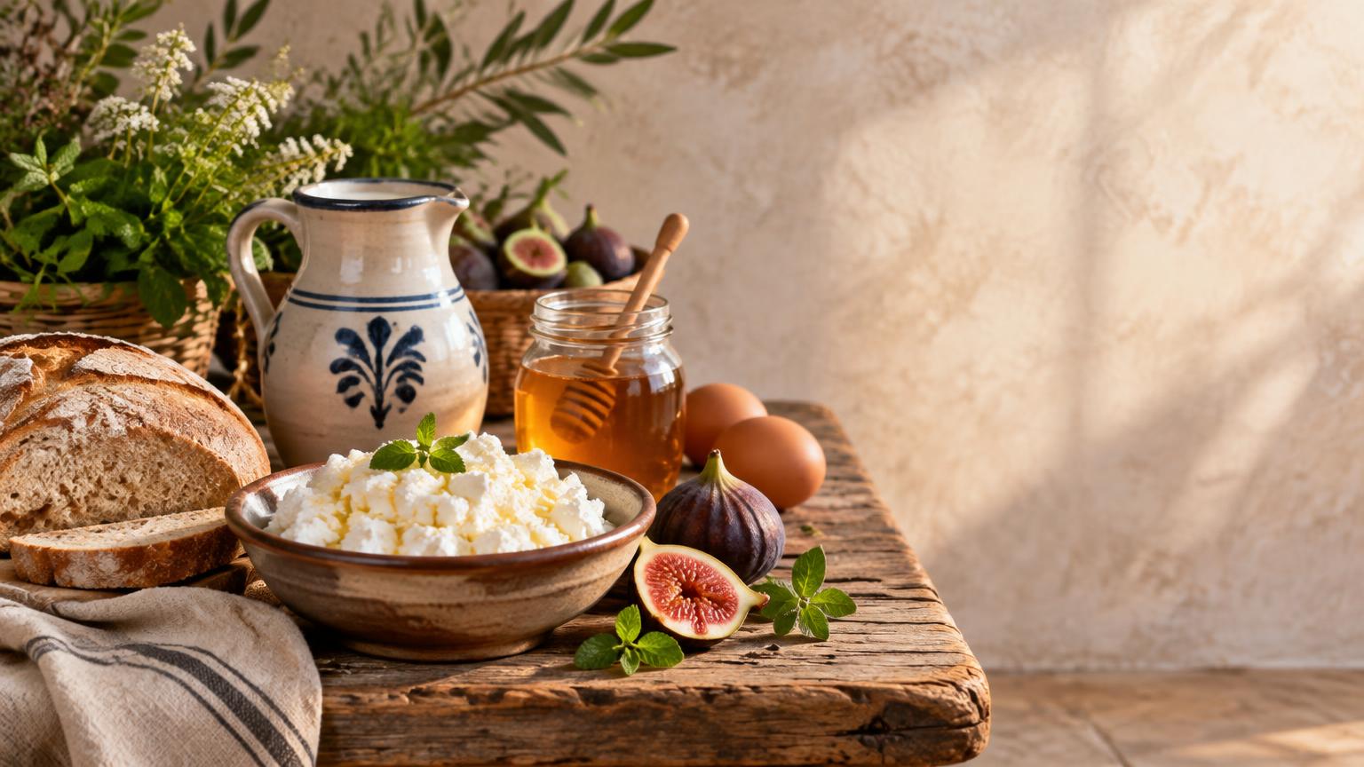 جبن قريش وعسل وبيض وخبز ريفي على سفرة طبيعية